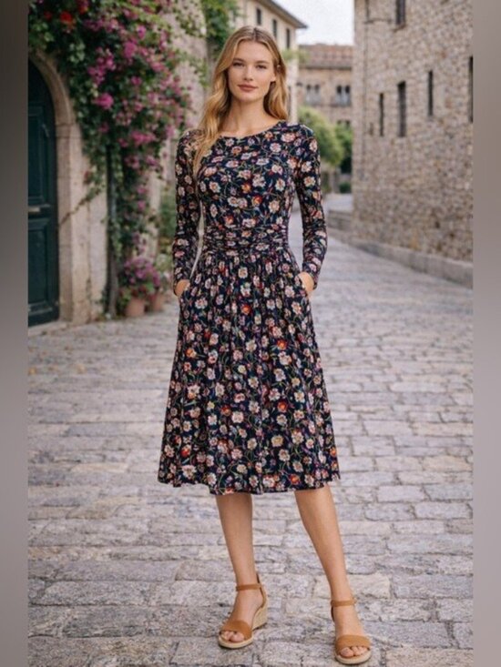 Boden Dresses & Skirts - Boden Abigail Jersey Midi Dress Navy Floral Ruched Waist Size 8 Elegant